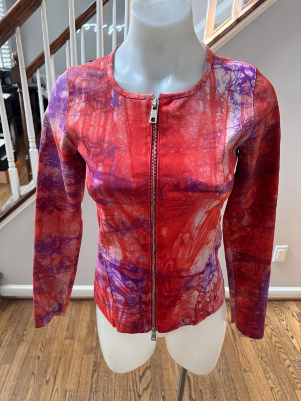 GIORGIO BRATO Hand Dyed Tie Dye Leather Jacket Red Pink Size 40 Small
